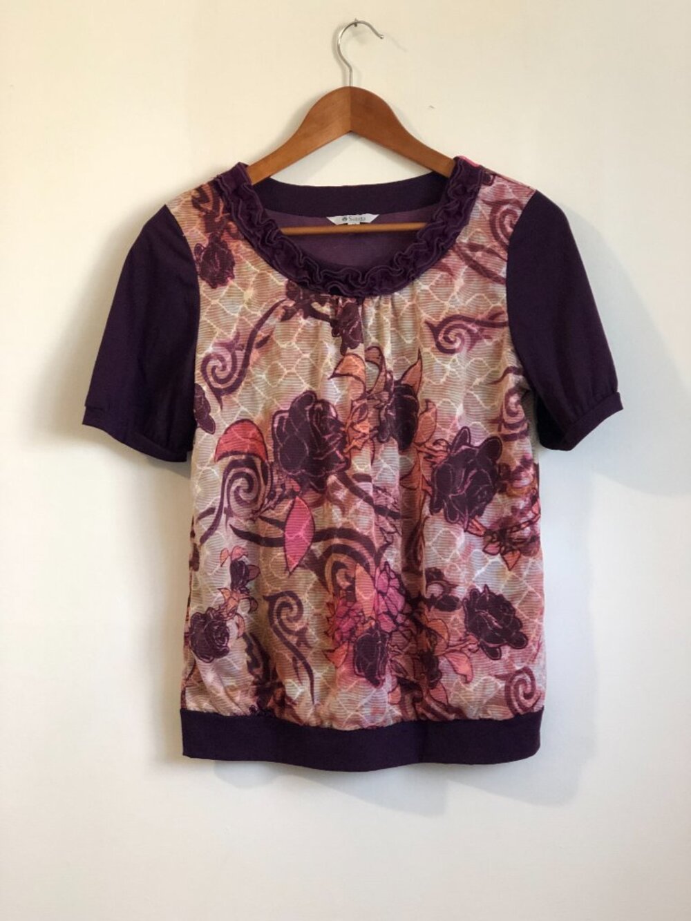 Suzuya Japanese vintage Short sleeve Floral print Purple Sheer Top Ruffle Collar
